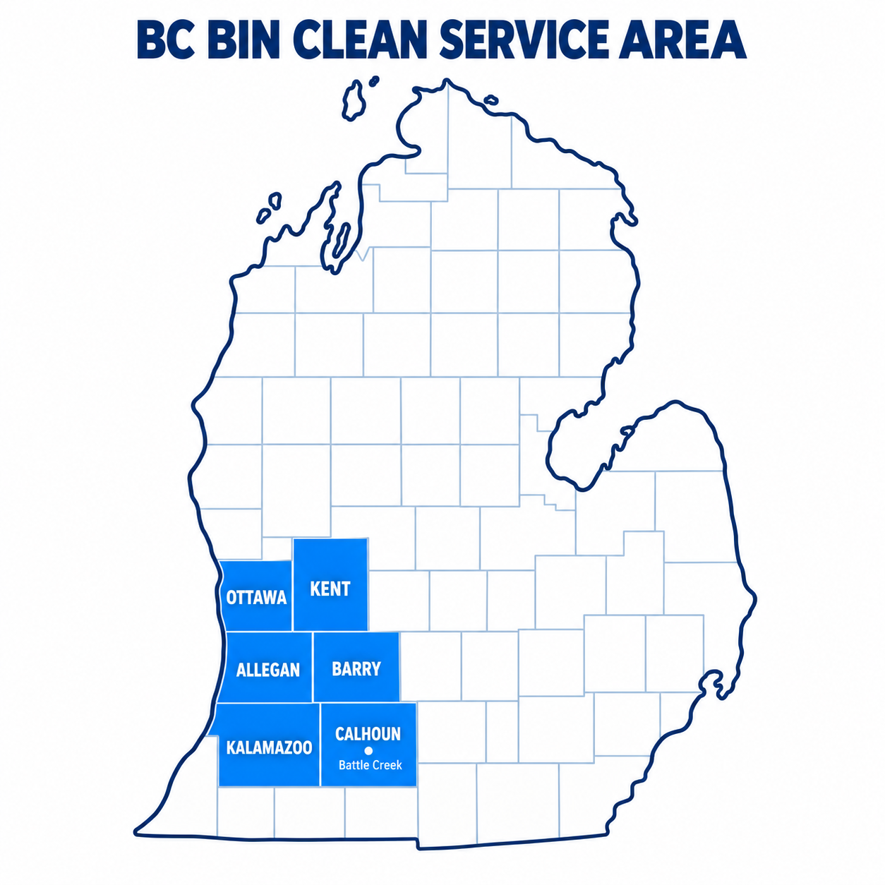 BC Bin Clean service area map highlighting Calhoun, Barry, Kent, Ottawa, Allegan, and Kalamazoo counties in West Michigan